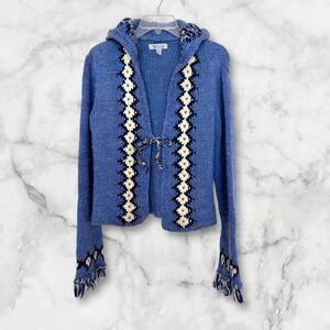 BDG Vintage Sweater Cardigan with Hood Fringe Tie Front Cabincorp Wool Blend 💙🖤